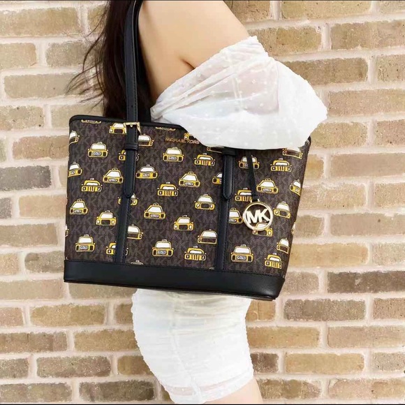 Michael Kors Jet Set Travel Top Zip Tote Brown MK Black Taxi - Picture 2 of 7